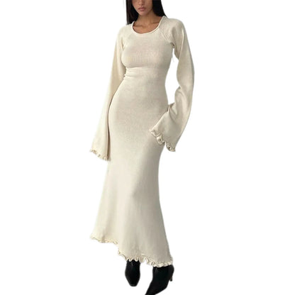Solid Color Backless Knitted Long Dress for Women