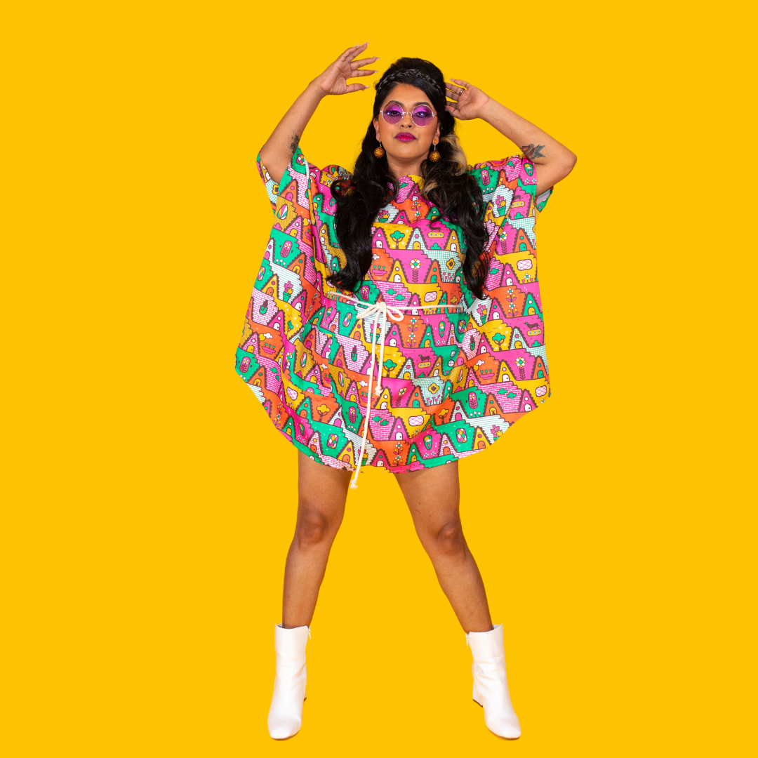 8-Bit A-Frames Mini Muumuu in Bright Day Blue Platypus Clothing