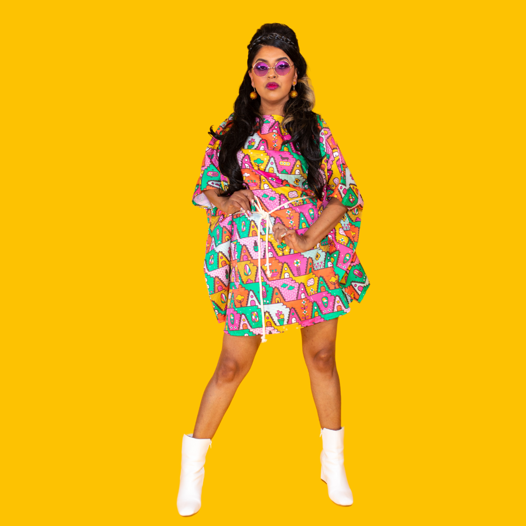 8-Bit A-Frames Mini Muumuu in Bright Day Blue Platypus Clothing