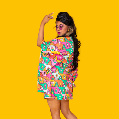 8-Bit A-Frames Mini Muumuu in Bright Day Blue Platypus Clothing