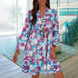 Printed V-neck Button Pleated Dress