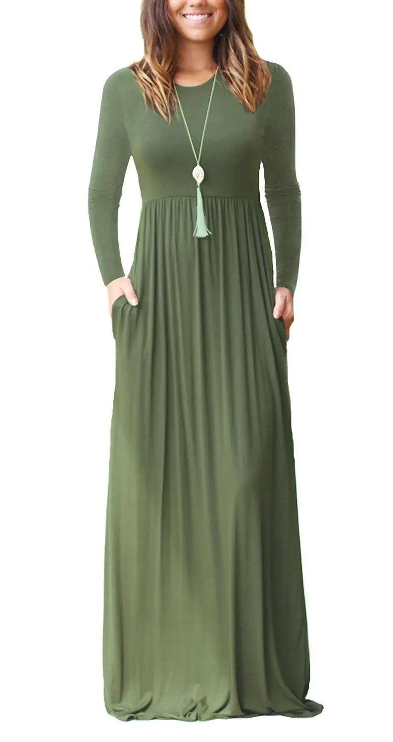 Women's Casual Long Sleeve Elastic Waist Dress