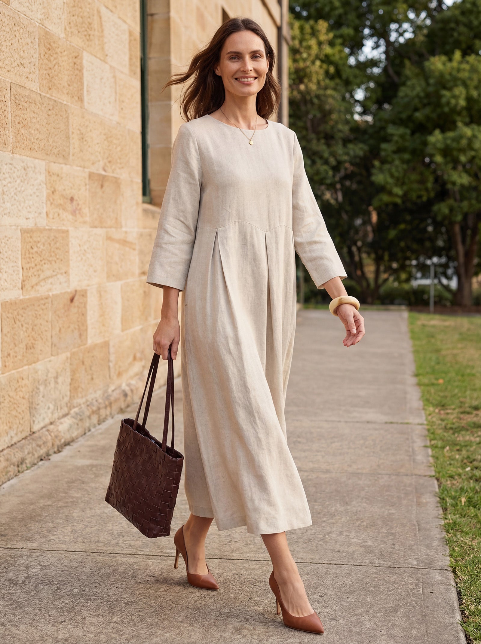 100% Linen Bateau Neck Pleated Maxi Dress ABIGAIL LINTICO