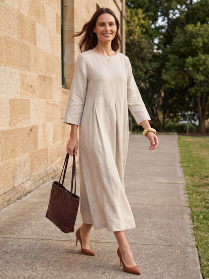 100% Linen Bateau Neck Pleated Maxi Dress ABIGAIL LINTICO
