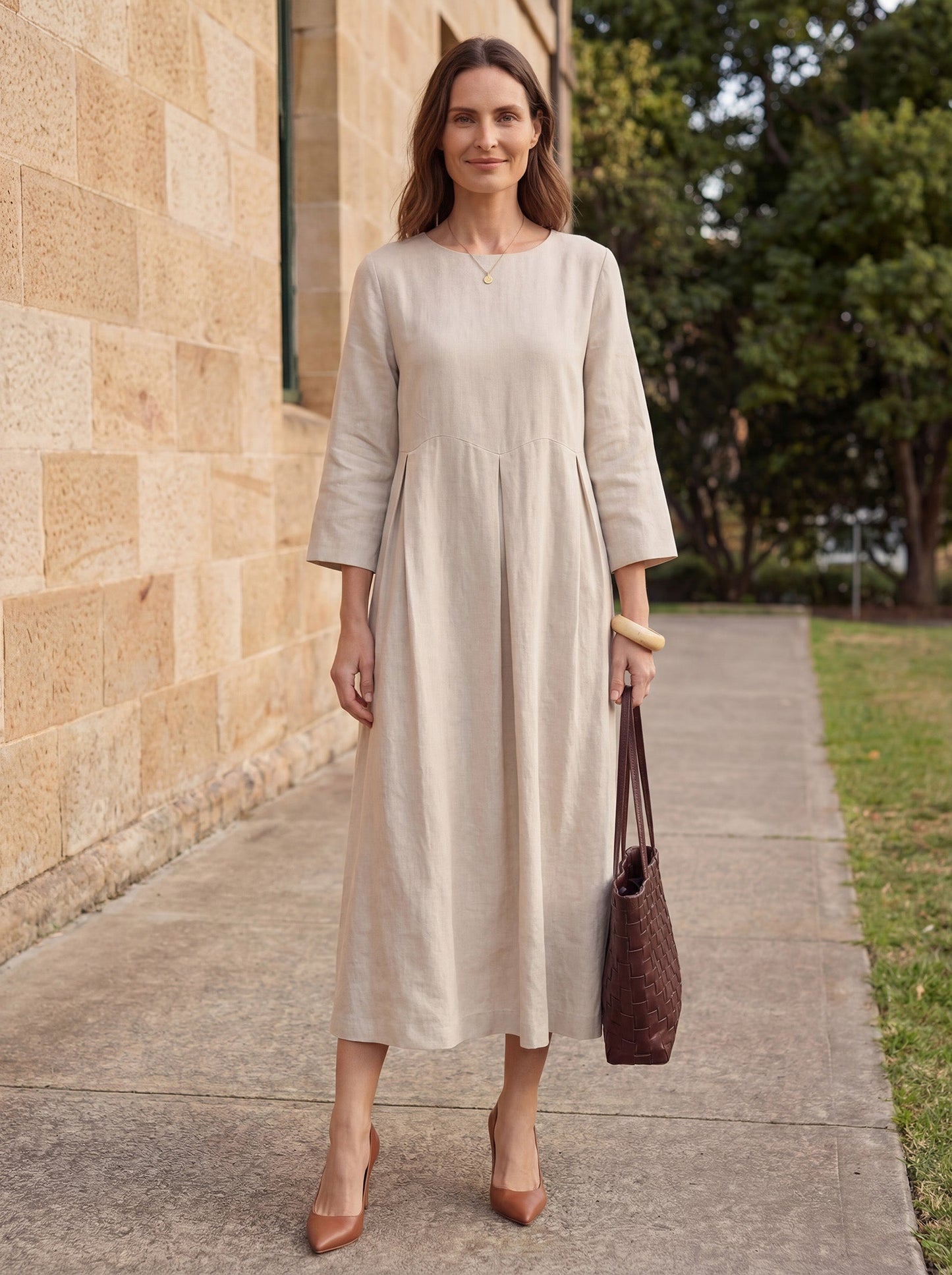 100% Linen Bateau Neck Pleated Maxi Dress ABIGAIL LINTICO