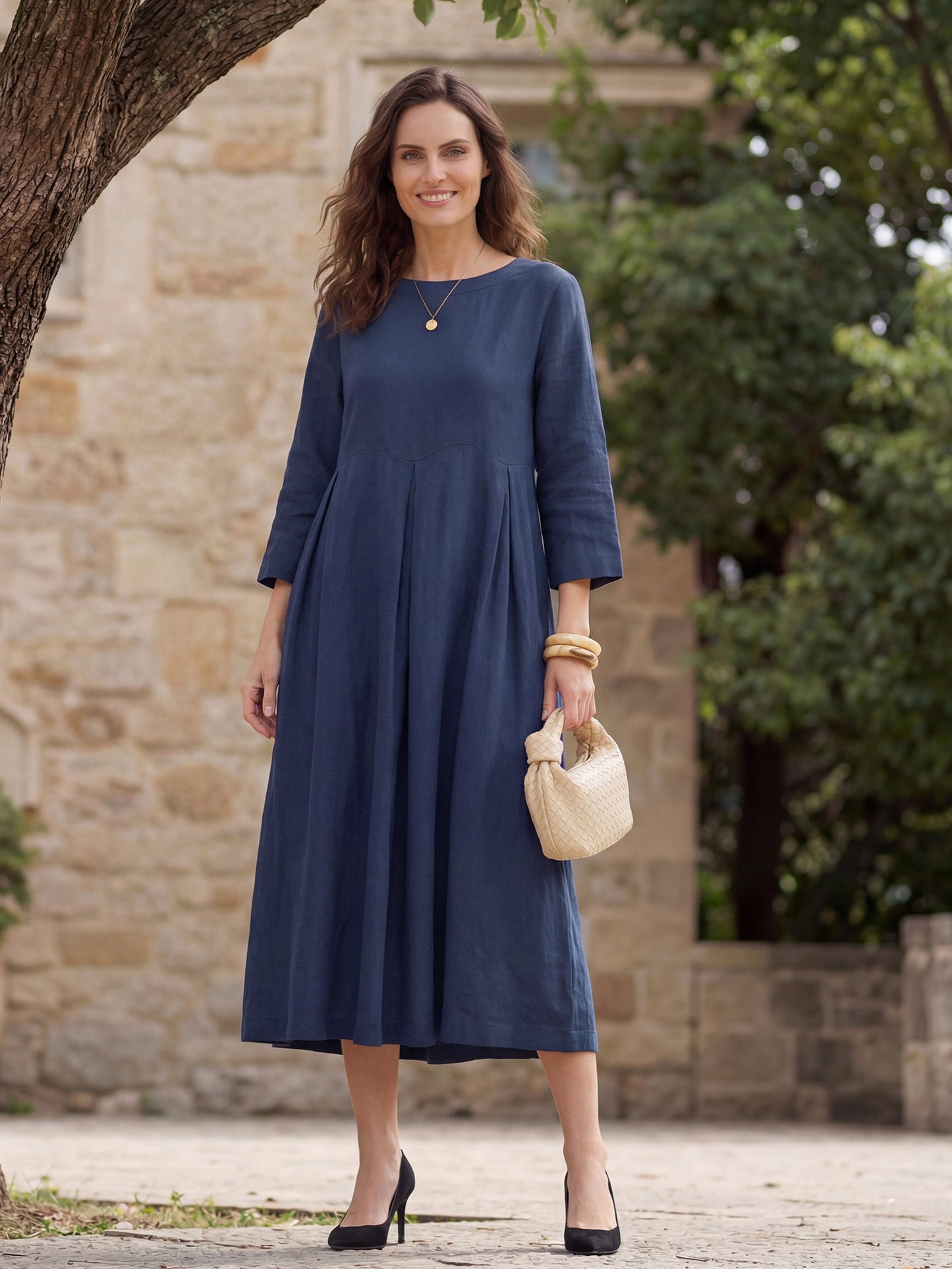100% Linen Bateau Neck Pleated Maxi Dress ABIGAIL LINTICO