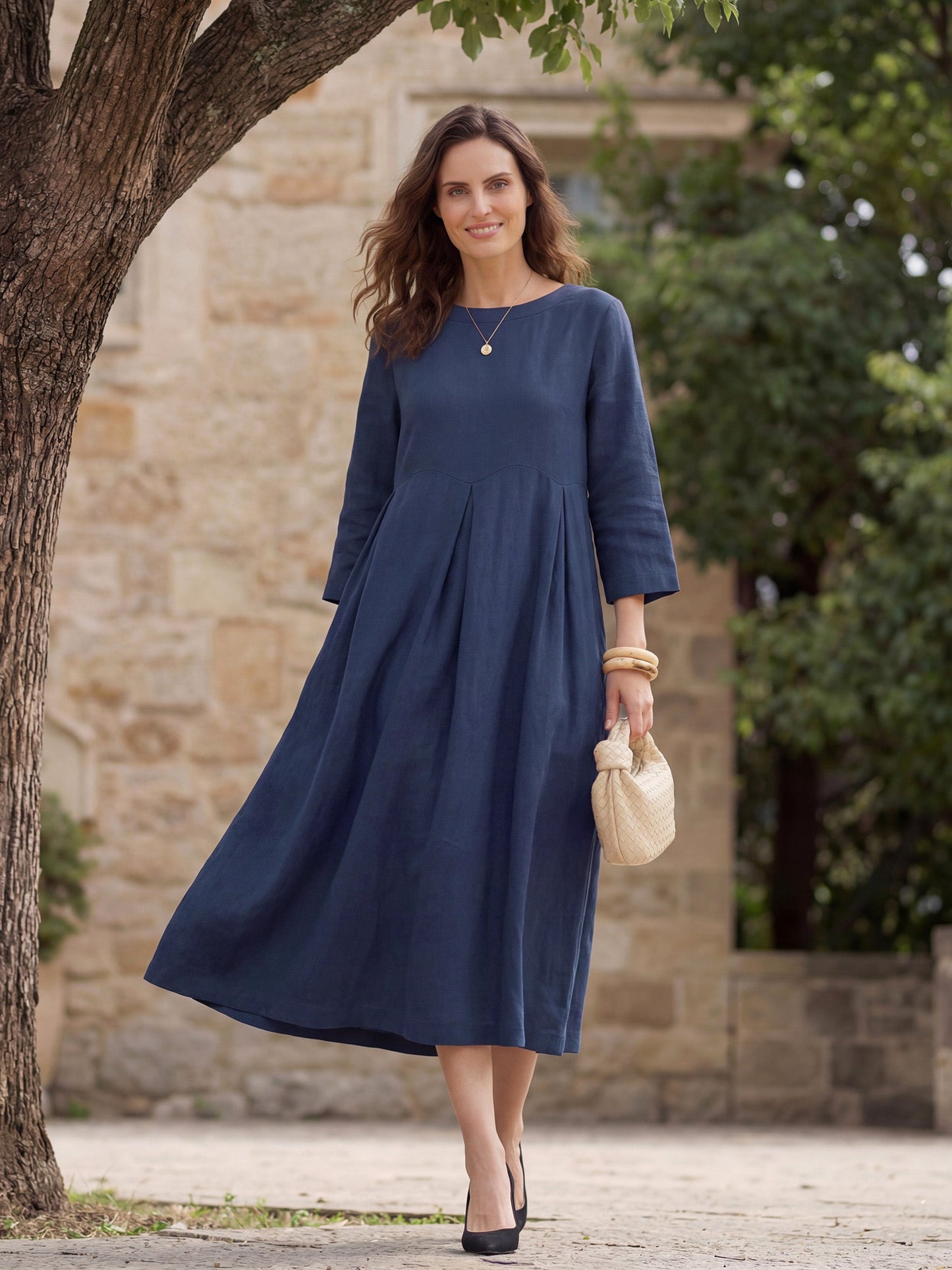 100% Linen Bateau Neck Pleated Maxi Dress ABIGAIL LINTICO
