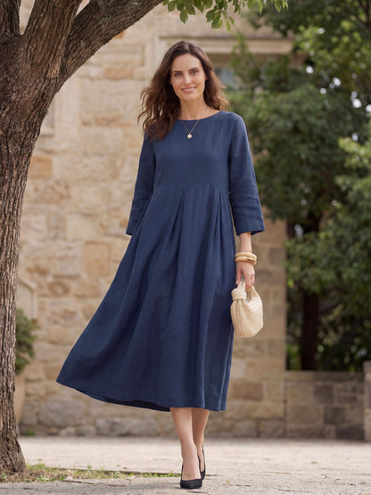 100% Linen Bateau Neck Pleated Maxi Dress ABIGAIL LINTICO
