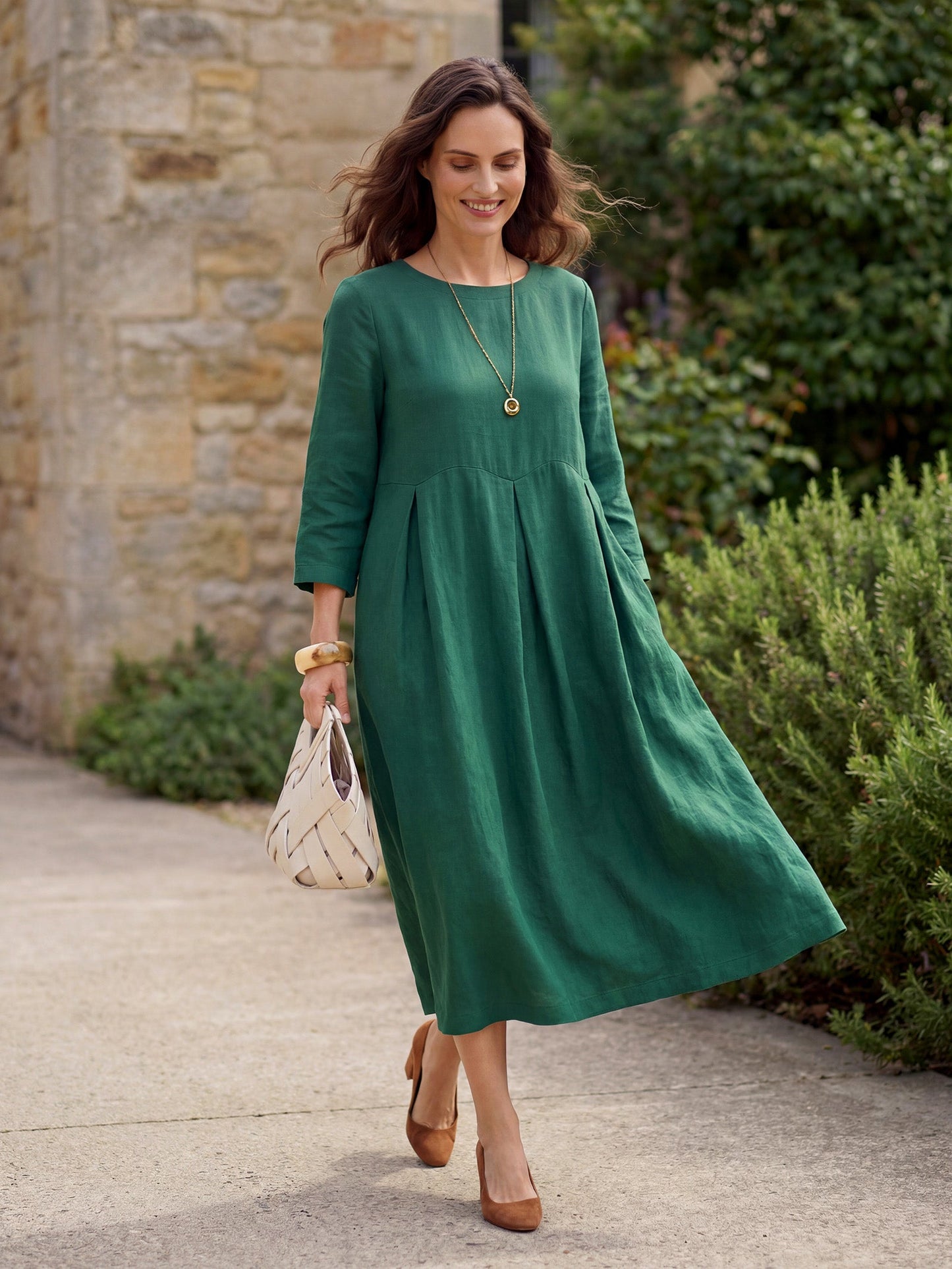 100% Linen Bateau Neck Pleated Maxi Dress ABIGAIL LINTICO