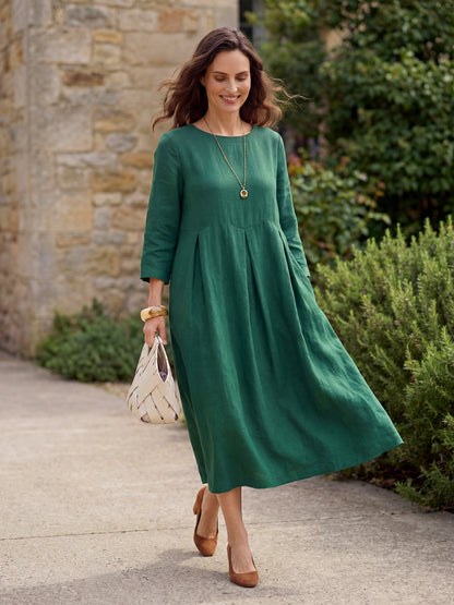 100% Linen Bateau Neck Pleated Maxi Dress ABIGAIL LINTICO