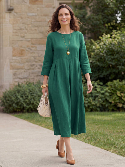 100% Linen Bateau Neck Pleated Maxi Dress ABIGAIL LINTICO