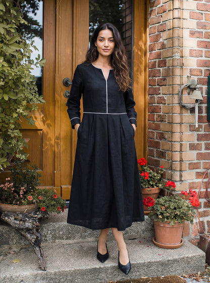 Linen-Lyocell Contrast Trim Gathered Maxi Dress NYX LINTICO