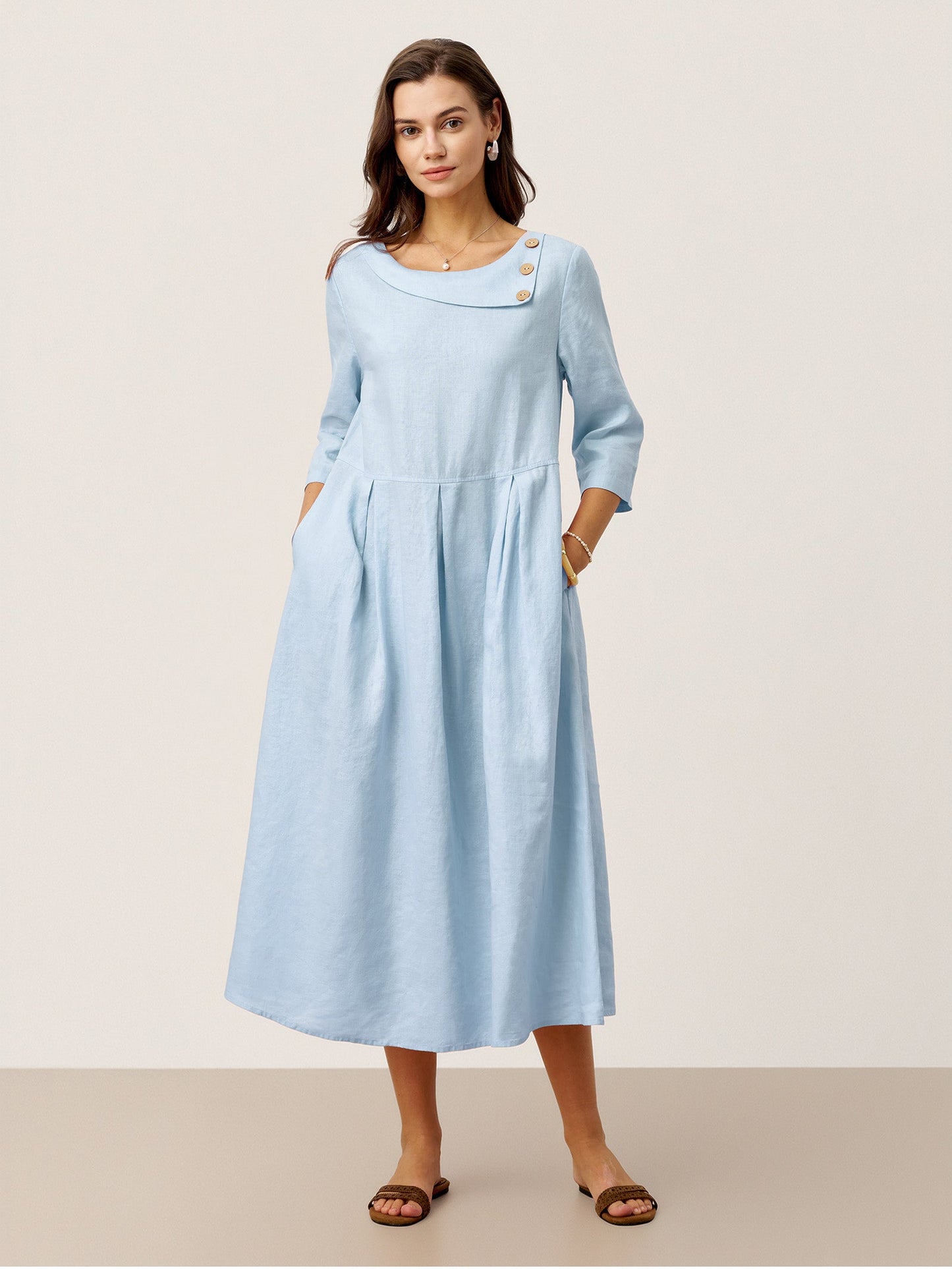 100% Linen Crescent Neck Decorative Button Waist Pleated Maxi Dress GWENYTH LINTICO