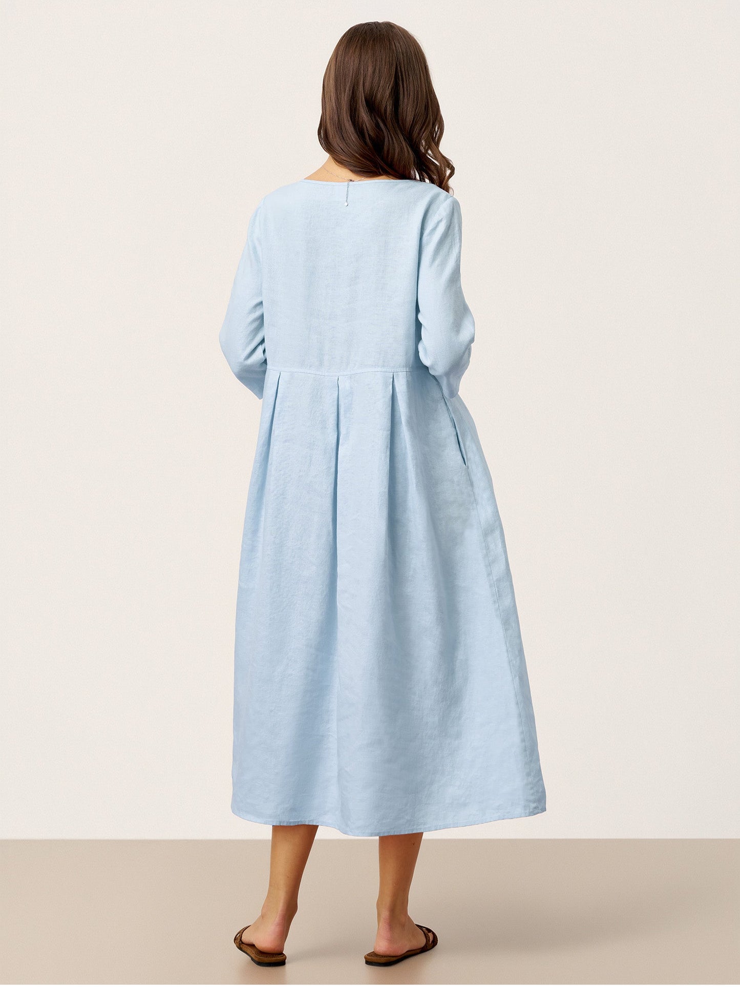 100% Linen Crescent Neck Decorative Button Waist Pleated Maxi Dress GWENYTH LINTICO