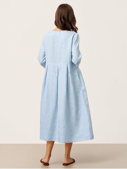 100% Linen Crescent Neck Decorative Button Waist Pleated Maxi Dress GWENYTH LINTICO