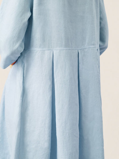 100% Linen Crescent Neck Decorative Button Waist Pleated Maxi Dress GWENYTH LINTICO