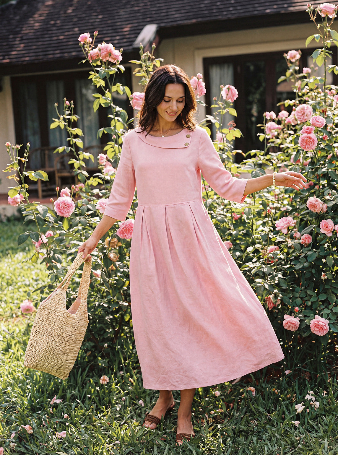 100% Linen Crescent Neck Decorative Button Waist Pleated Maxi Dress GWENYTH LINTICO