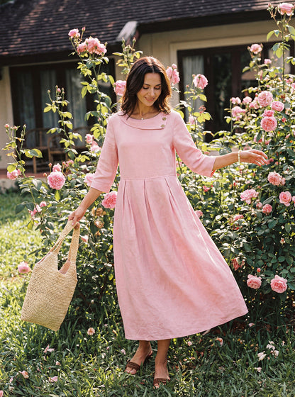 100% Linen Crescent Neck Decorative Button Waist Pleated Maxi Dress GWENYTH LINTICO