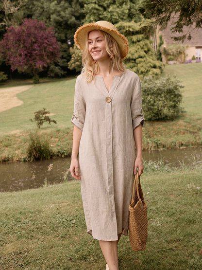 100% Linen Stand Collar V-Slit Tab Sleeve Maxi Dress LEORA LINTICO