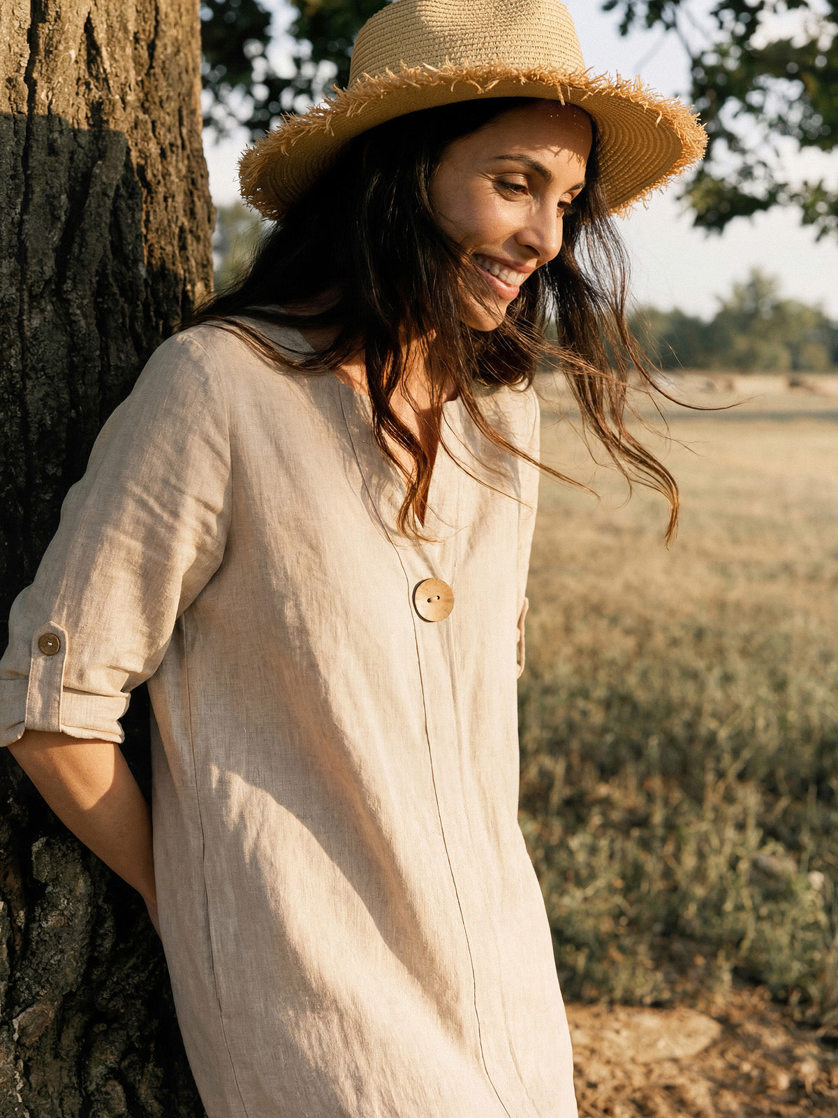 100% Linen Stand Collar V-Slit Tab Sleeve Maxi Dress LEORA LINTICO