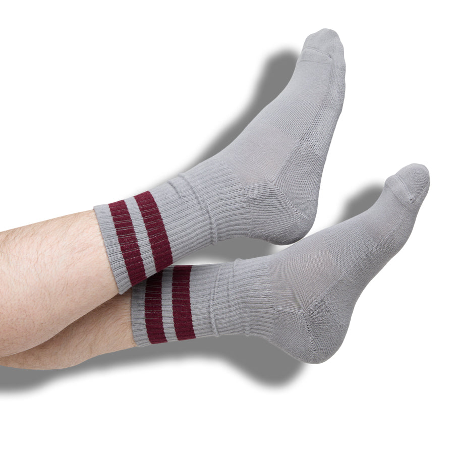 Gray Maroon Retro Stripe Casual Crew Socks DeadSoxy