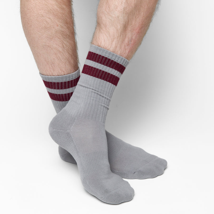 Gray Maroon Retro Stripe Casual Crew Socks DeadSoxy