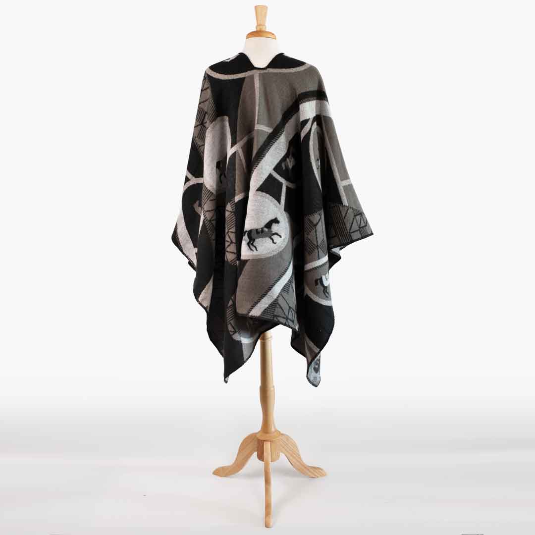 Adina -  Equestrian Motif Shawl in Charcoal Wrap Urban-Equestrian
