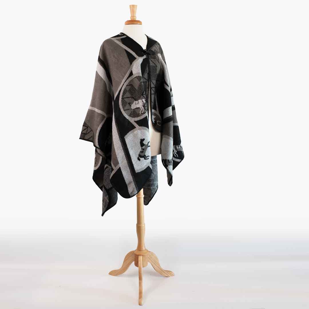 Adina -  Equestrian Motif Shawl in Charcoal Wrap Urban-Equestrian