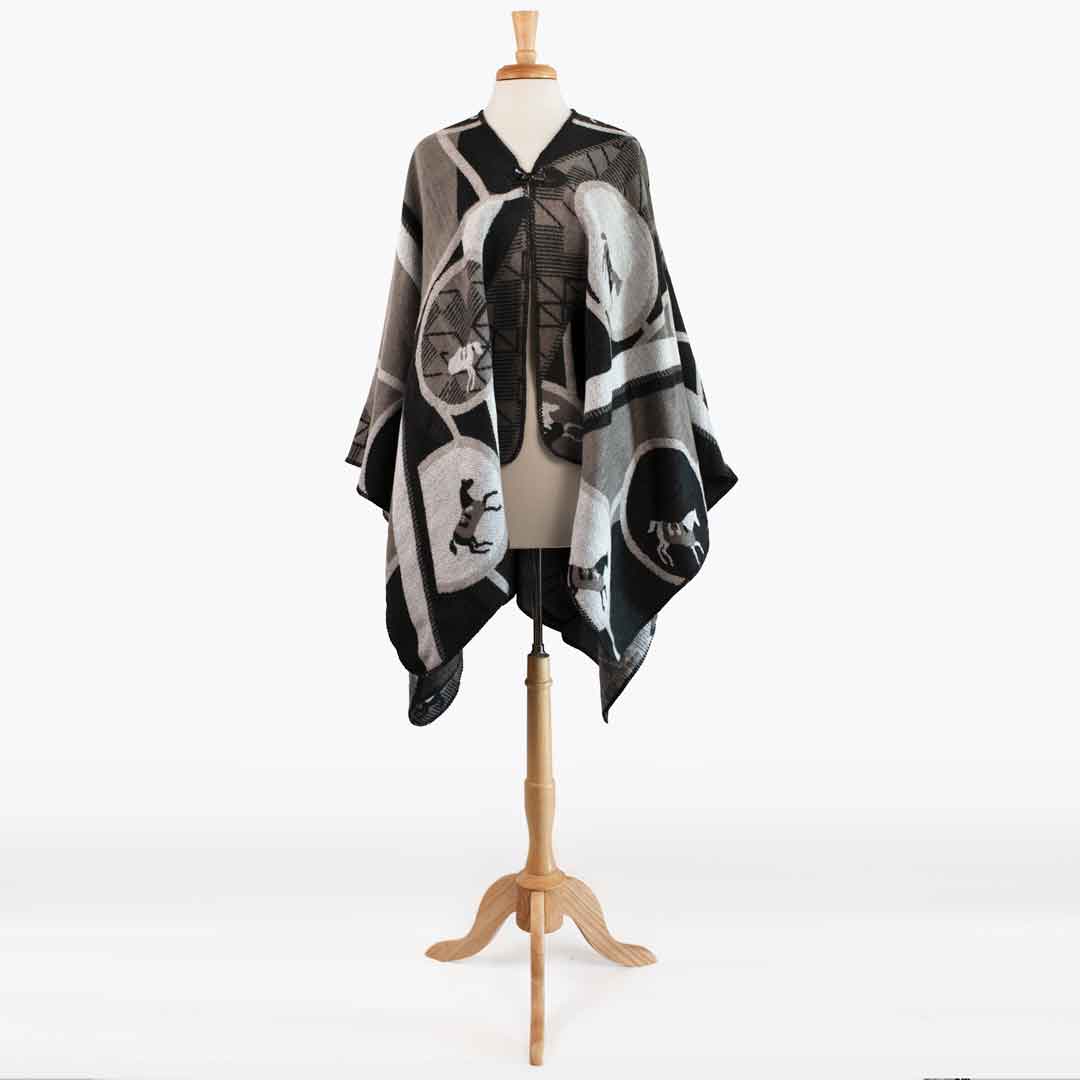 Adina -  Equestrian Motif Shawl in Charcoal Wrap Urban-Equestrian