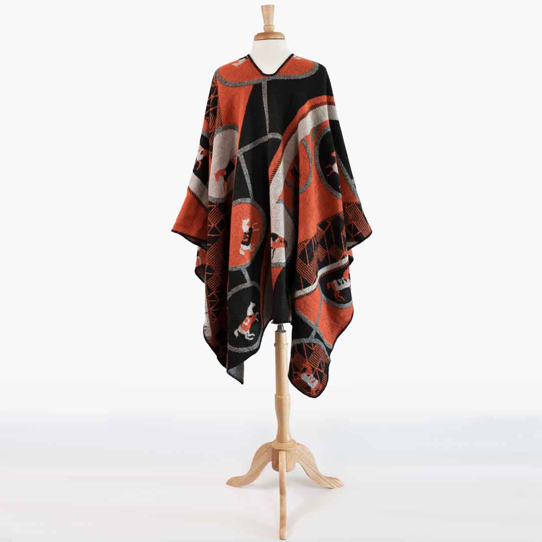 Adina -  Equestrian Motif Shawl in Tangerine, Charcoal and Black Luxe Wrap Urban-Equestrian