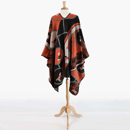 Adina -  Equestrian Motif Shawl in Tangerine, Charcoal and Black Luxe Wrap Urban-Equestrian