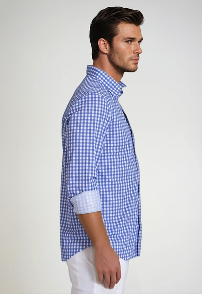 Mauro Long Sleeve Check Tech Shirt - Royal Blue Buki