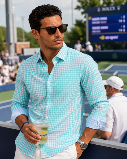 Mauro Long Sleeve Check Tech Shirt - Emerald Buki