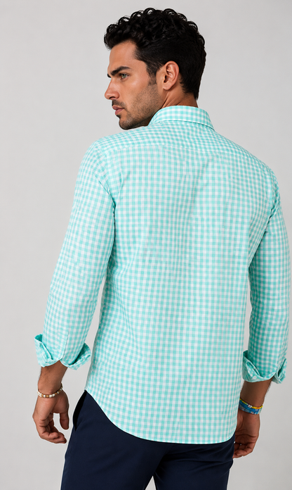 Mauro Long Sleeve Check Tech Shirt - Emerald Buki