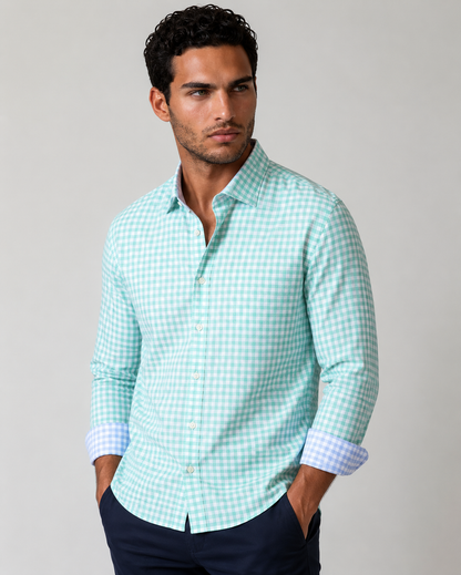 Mauro Long Sleeve Check Tech Shirt - Emerald Buki
