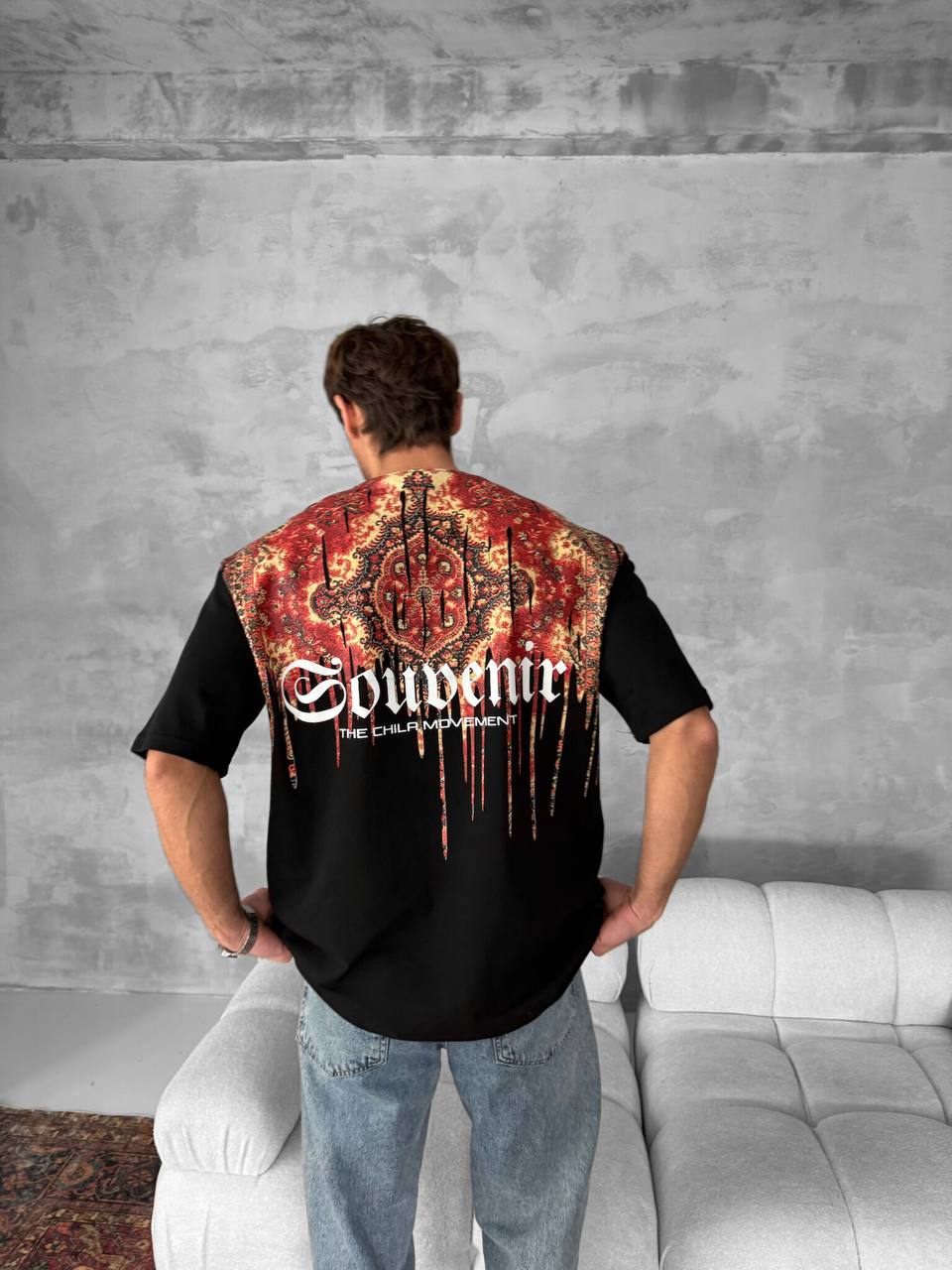 Men's Back Print Cotton T-Shirt / Souven Tapestry Graphic Tee Withinblack