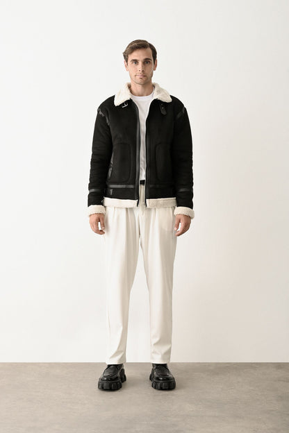 Stylish Faux Leather Bomber Jacket Withinblack