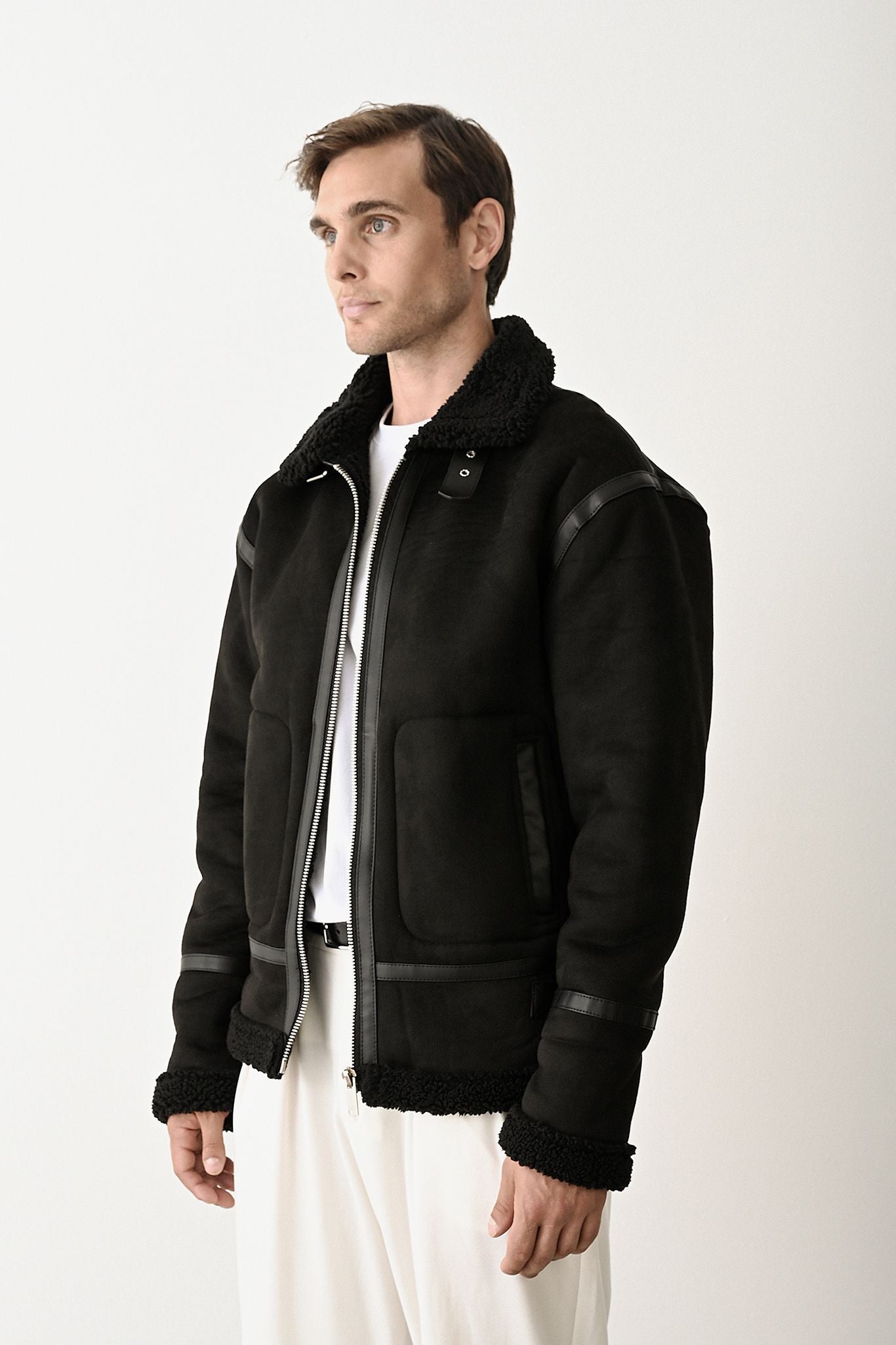 Stylish Faux Leather Bomber Jacket Withinblack