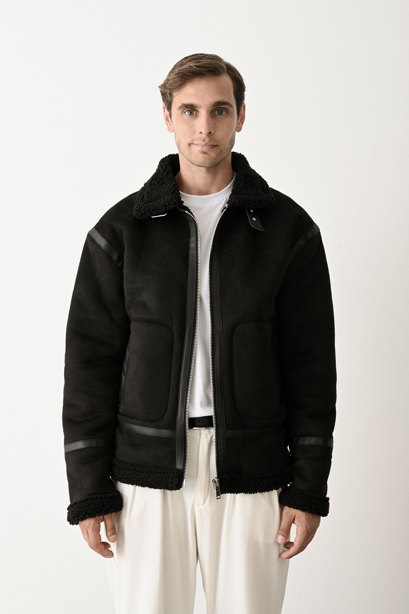 Stylish Faux Leather Bomber Jacket Withinblack