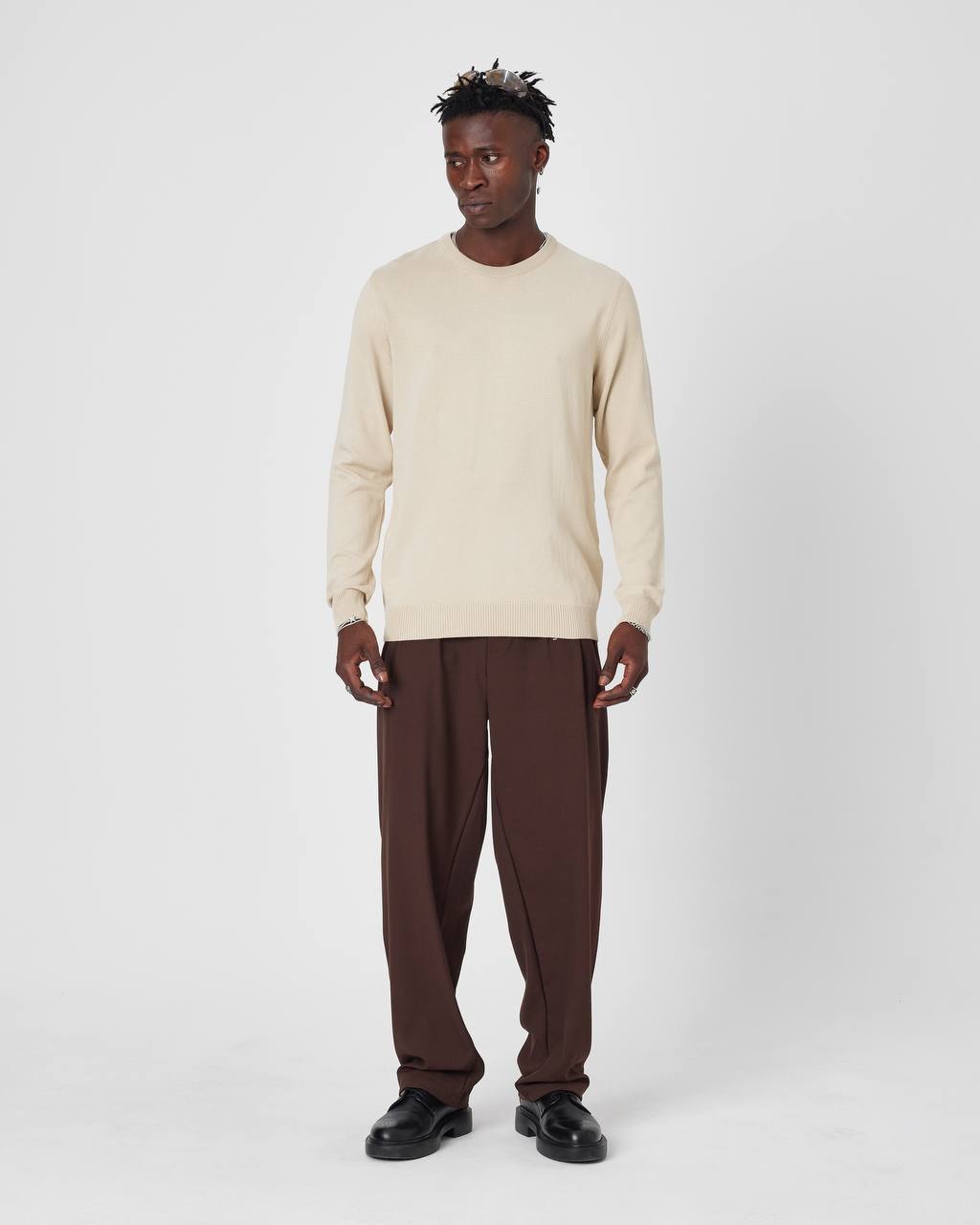 Men's Oversized Plain Knit Crew Neck Sweater - Casual Comfort Withinblack