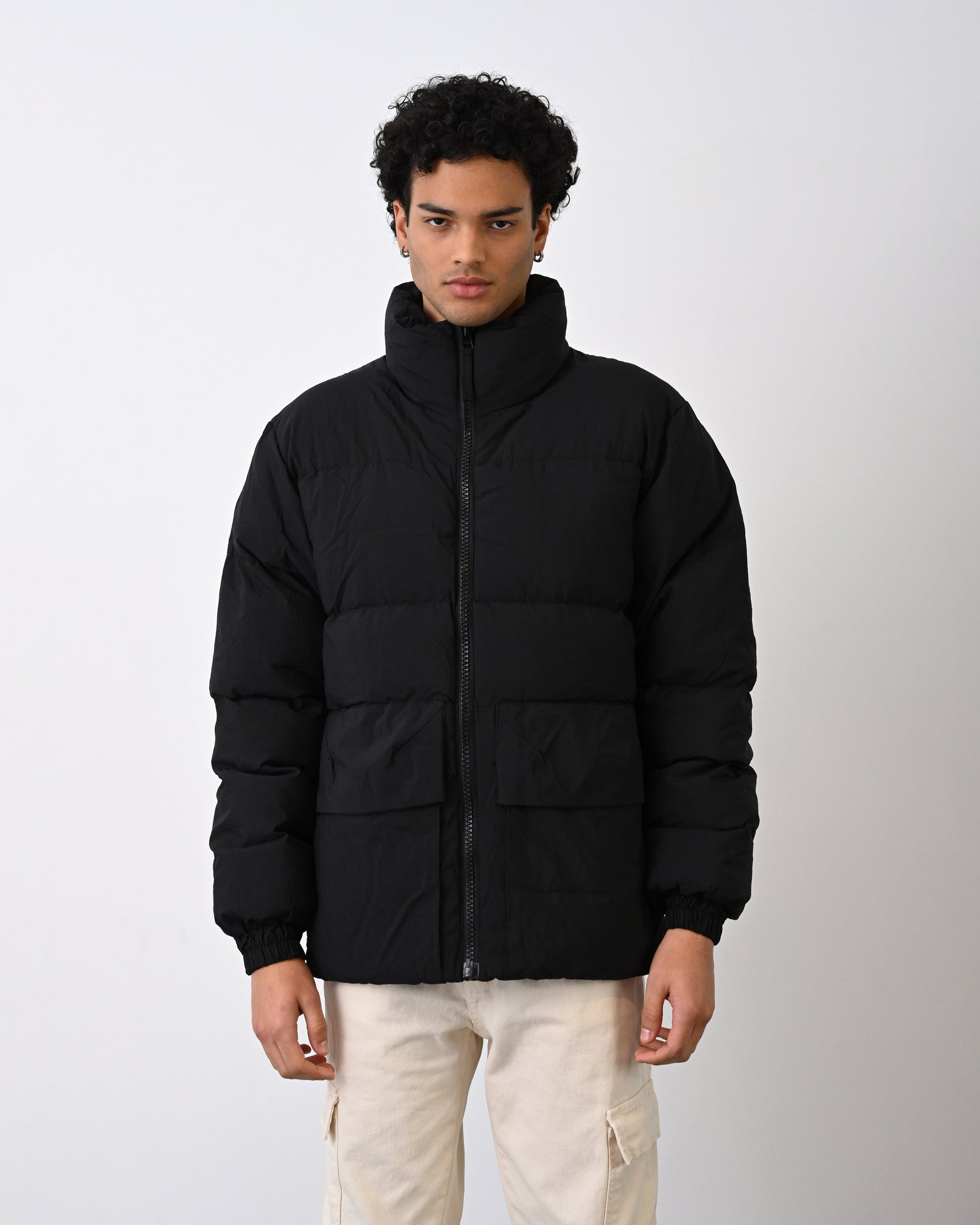 Men's Premium Puffer Jacket with High Collar and Utility Pockets Withinblack