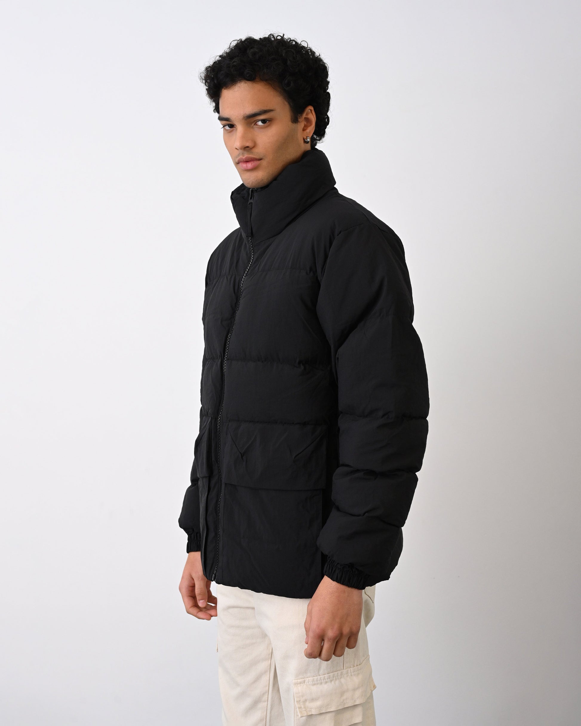 Men's Premium Puffer Jacket with High Collar and Utility Pockets Withinblack