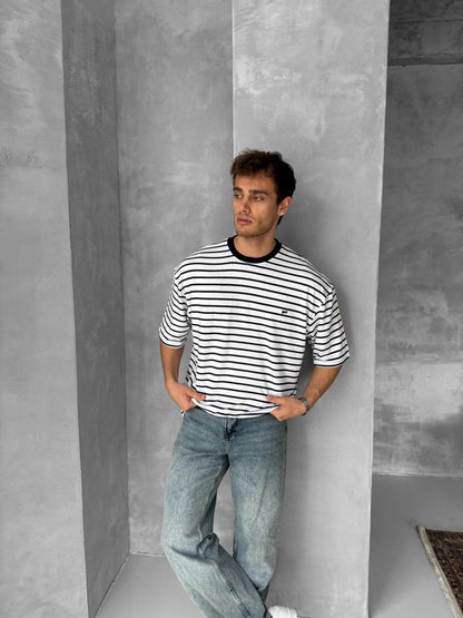 Men's Striped Cotton T-Shirt / Classic Black White Stripe Tee Withinblack