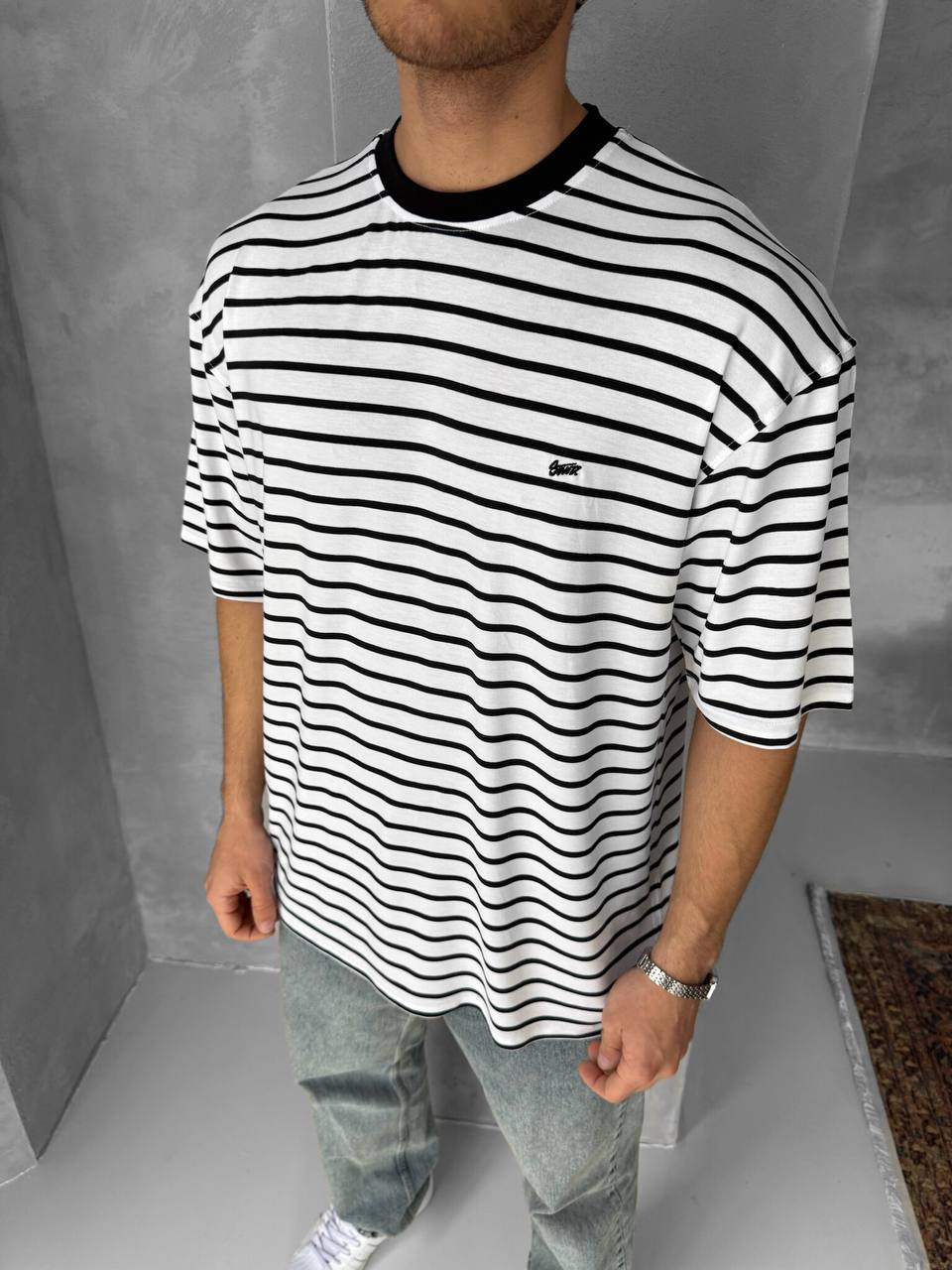 Men's Striped Cotton T-Shirt / Classic Black White Stripe Tee Withinblack