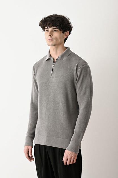Collared Zip-Up Knit Sweater Withinblack