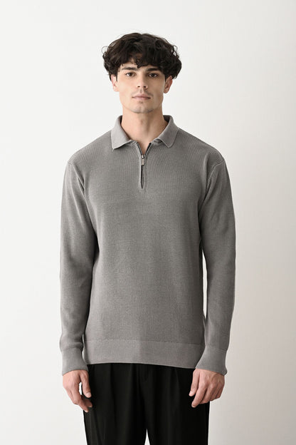 Collared Zip-Up Knit Sweater Withinblack