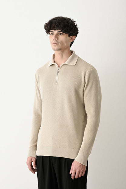 Collared Zip-Up Knit Sweater Withinblack
