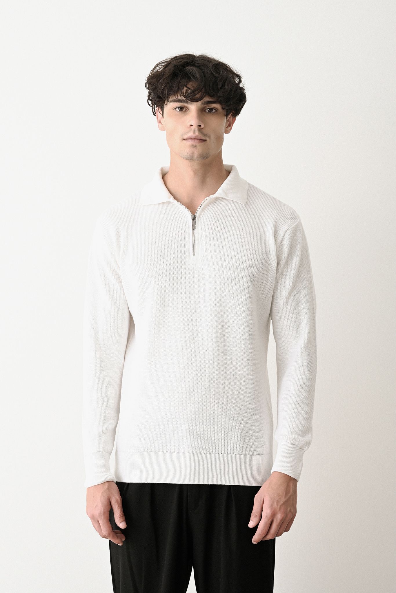 Collared Zip-Up Knit Sweater Withinblack
