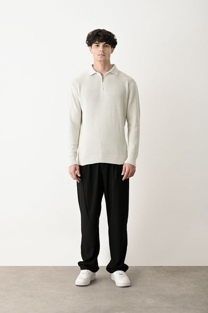 Collared Zip-Up Knit Sweater Withinblack