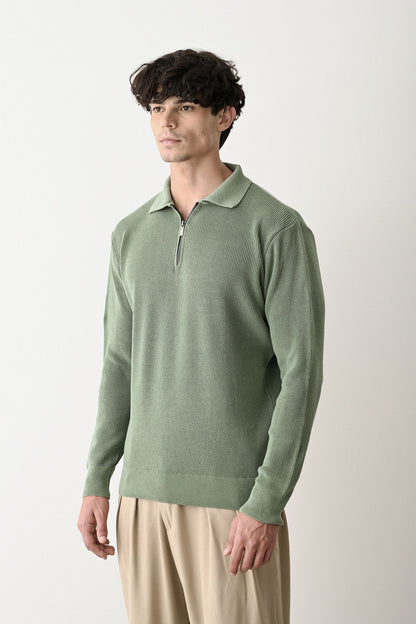 Collared Zip-Up Knit Sweater Withinblack